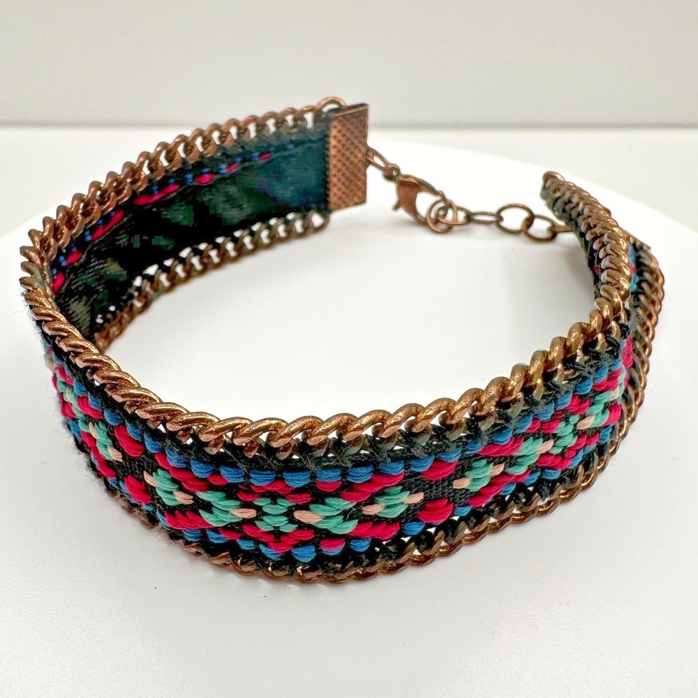 Vintage 90s Bronze Tone Geometric Pattern Cuff Bracelet Chain Women's‎ Jewelry